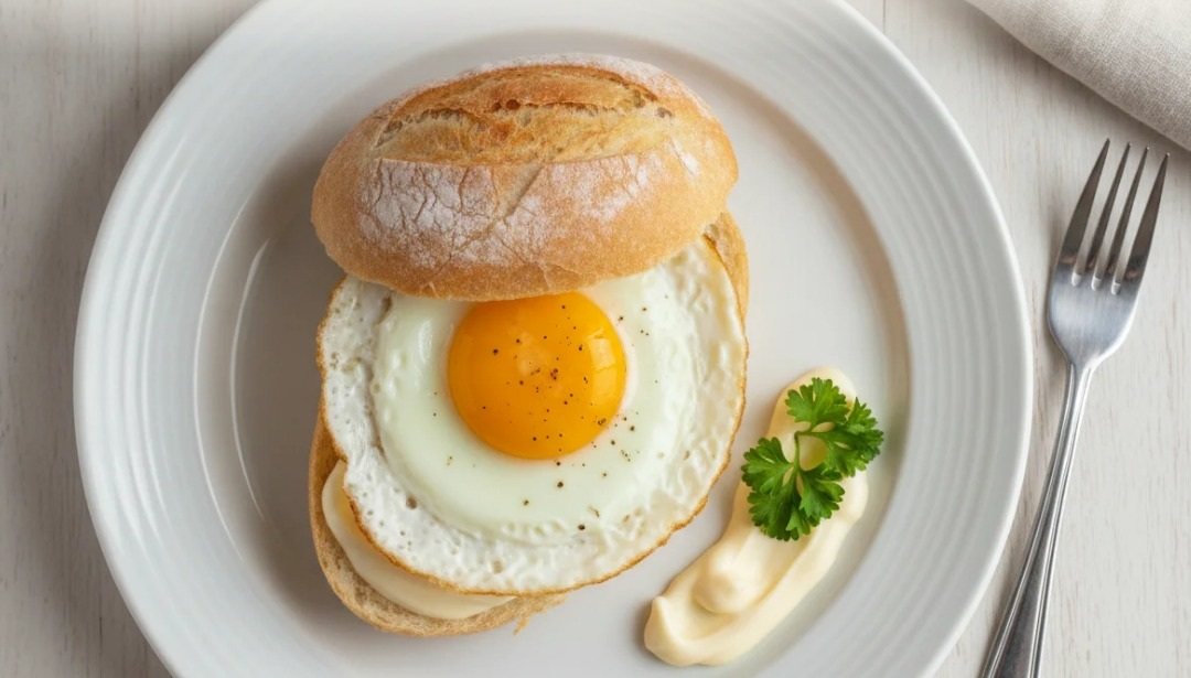 Pão com ovo no prato: simples, barato e completo.